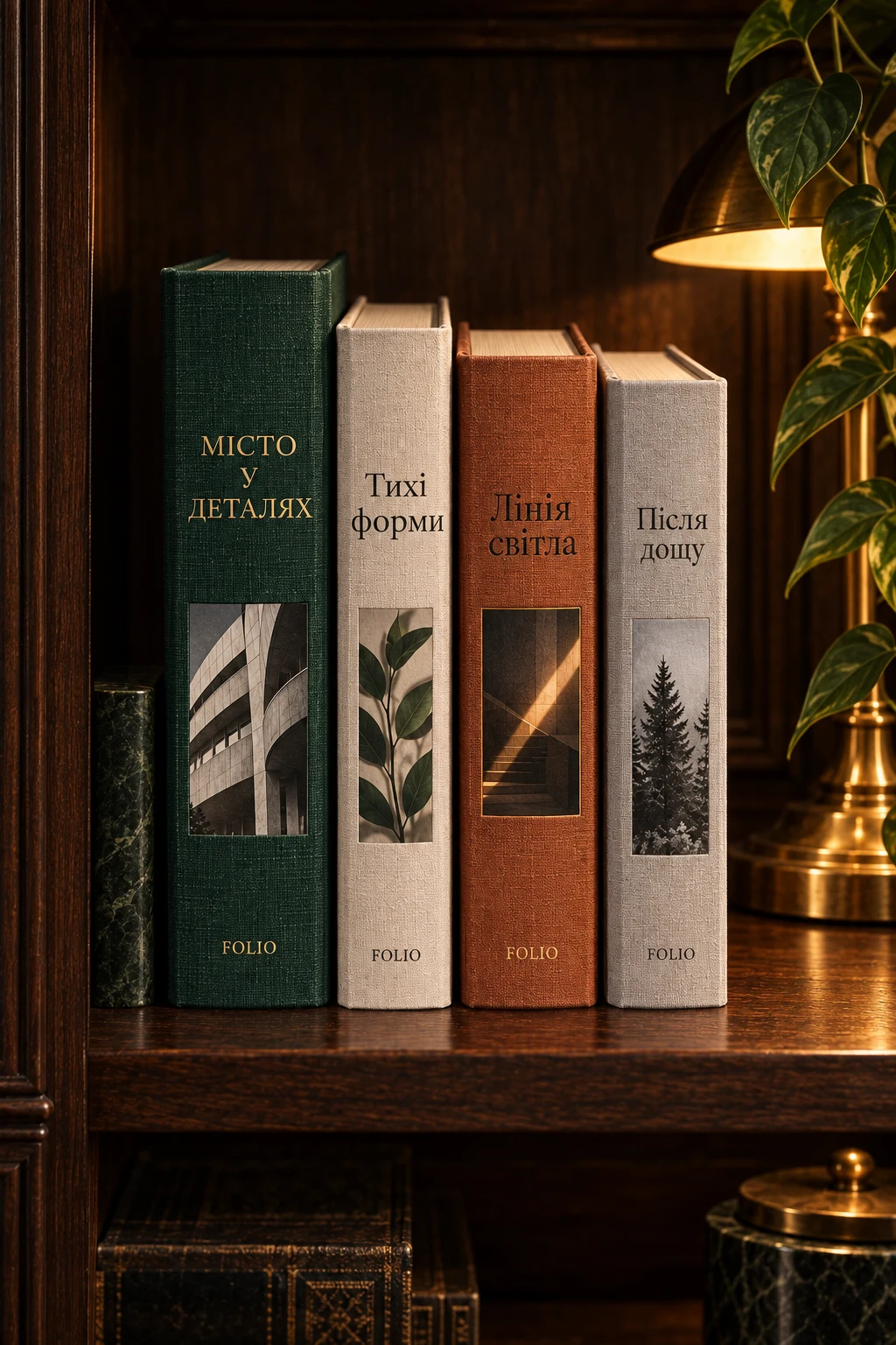 Чотири книги FOLIO на дерев’яній полиці