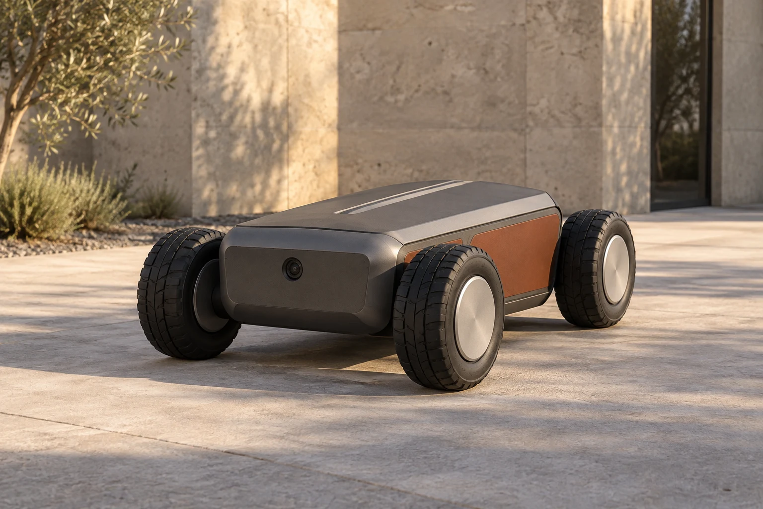 Ілюстративний VECTOR R — темна чотириколісна платформа в теплому дворі